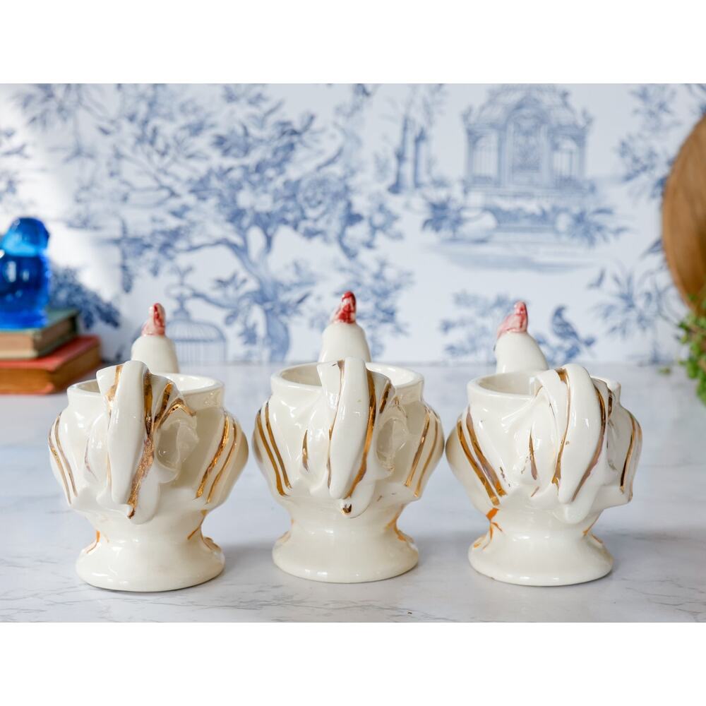 VTG Chicken Hen Rooster Egg Cup Holders Set of 3 Cottage Farmhouse Retro Brunch - Picture 10 of 15